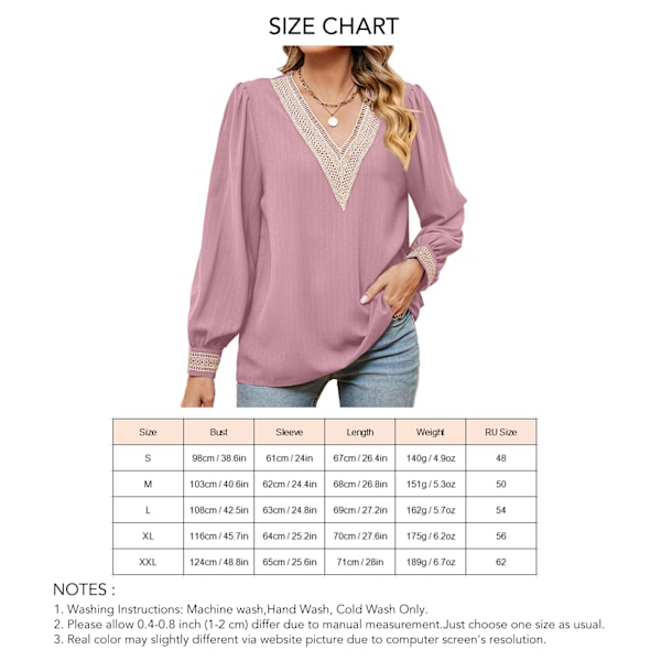 Spetskant V-ringad Blus Casual Figurnära Långärmad Guipure Spetsblus för Kvinnor Rosa XXL