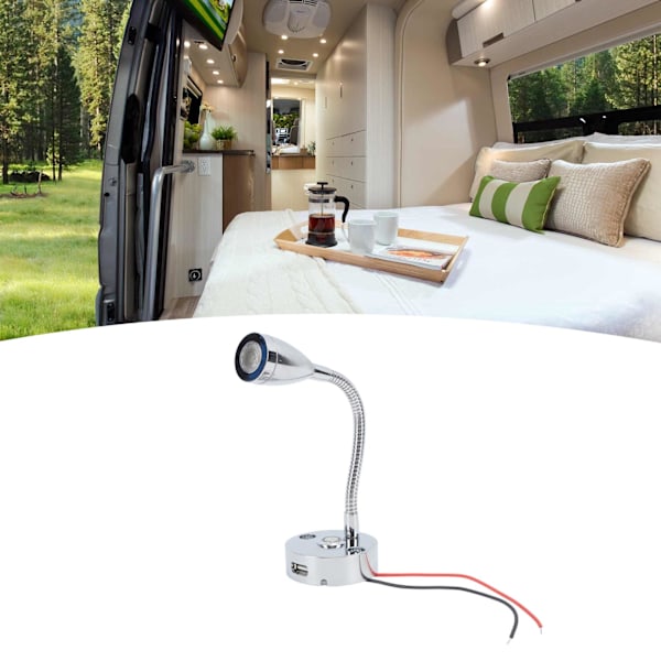 RV Leselampe LED Krom Innendørs Sengelampe Båt Yacht USB 3 Justerbar Lysfarge Berøringslampe DC12 til 24V