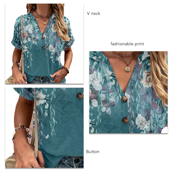 Dam T-shirt med V-ringning, Kortärmad, Modetryckt, Knappar, Tryckt, Kortärmad Blus Topp, Lila, XL