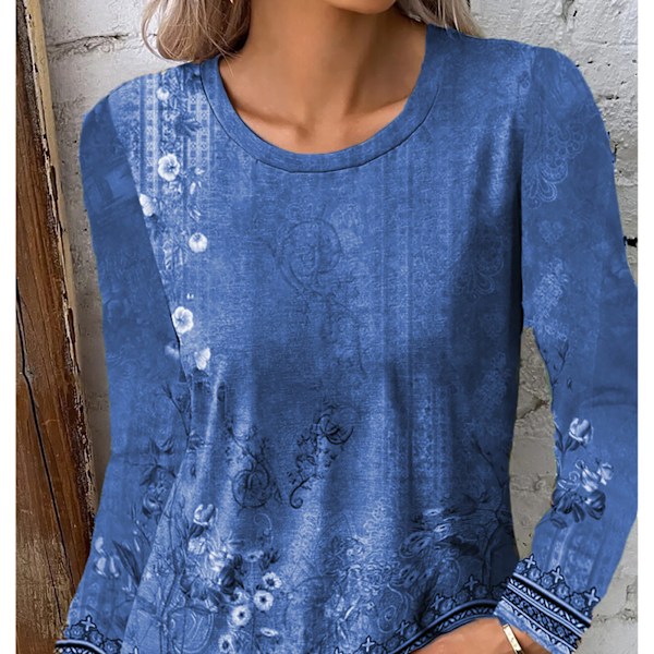 Rundhalsad Blommig Blus Långärmad Trendig Casual Figursydd Blommig Tryckt Blus för Kvinnor Blå S