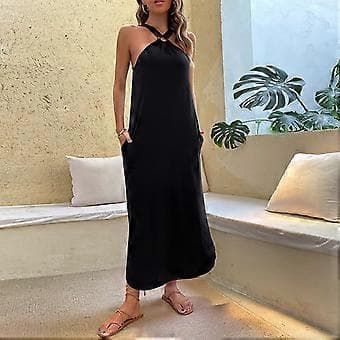 Off Shoulder Kjole Ærmeløs Blød Åndbar Polyester med Lommer Dametøj