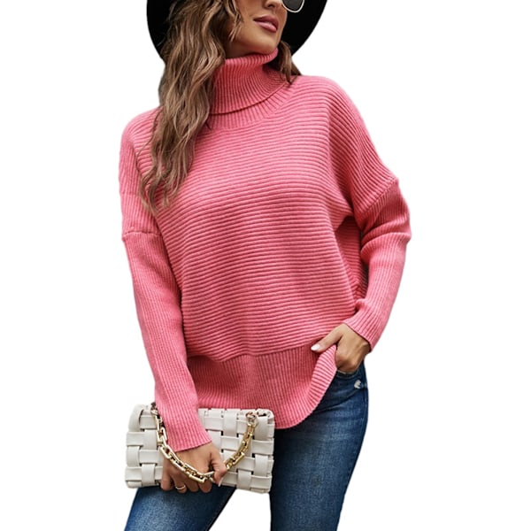 Dam Hög Krage Tröja Långärmad Sidoslits Enfärgad Dam Pullover Stickad Tröja för Höst Vinter Vår Rosröd M
