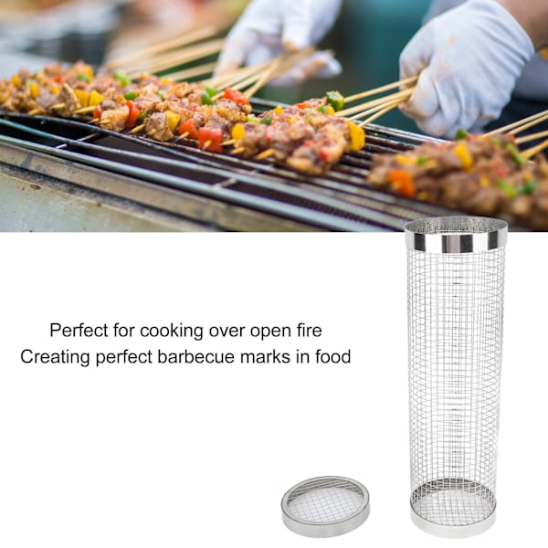 Grillkurv i sylinderform, netting av rustfritt stål 304, rullende BBQ-grillverktøy L (11,7 x 3,6 tommer)