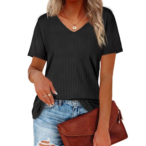 Ren Färg V-Hals Topp Kortärmad Lös Passform Vertikal Randig Enkel Dam T-Shirt för Sommar Svart L
