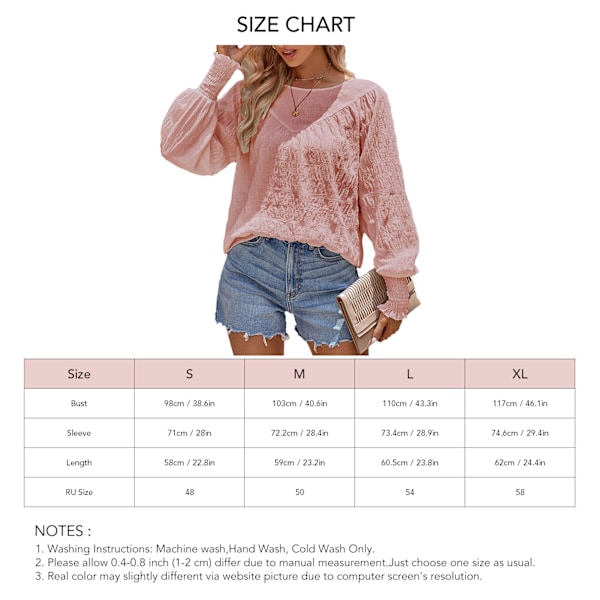 O-ringad Långärmad Blus Enfärgad Casual Figurnära Sömmar Rundhals Lyktaärm Blus för Dejting Rosa XL