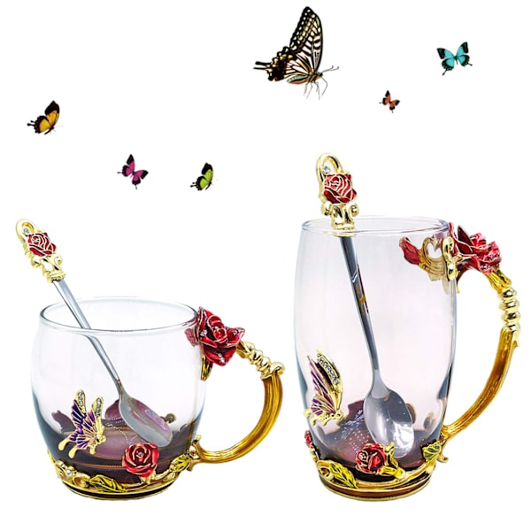 2 stk glas tekop, blyfri håndlavet emalje sommerfugl og blå rose blomster te krus med håndtag, unikke personlige fødselsdagsgave ideer til kvinder
