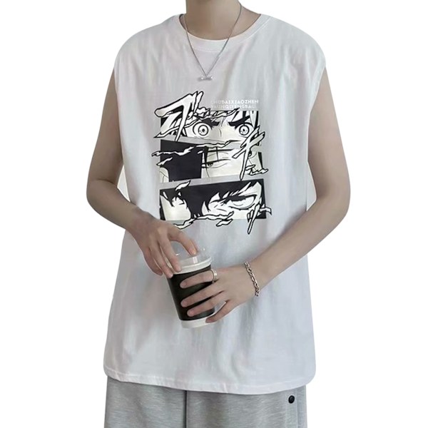 Herrar Tank Top Snygg Tryckt Ärmlös Lös Passform Väst Skuren Skjorta för Hemmaträning Vit XL