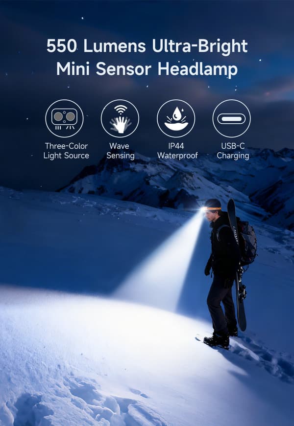 Bevegelsessensor LED-hodelykt, 550 lumen, 8 lysmoduser, hodelykt for utendørs camping og fiske