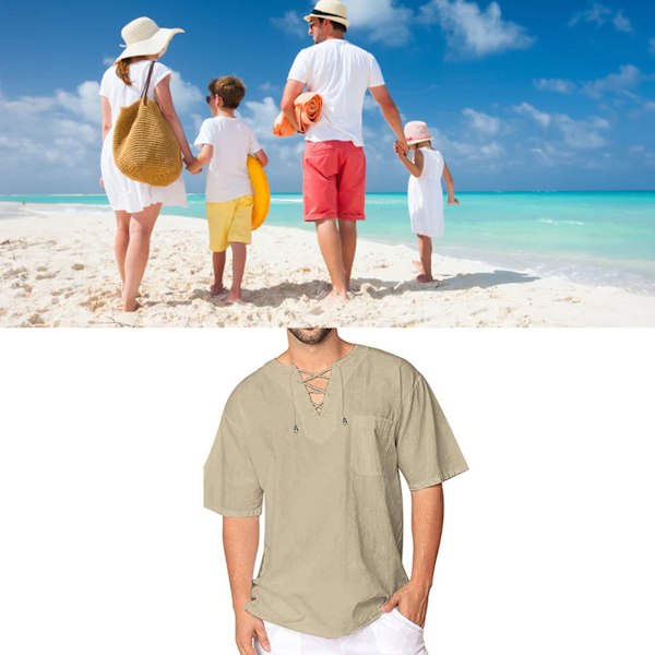 Mænd V-hals T-shirt Krydsende Remme Korte Ærmer Ren Farve Casual Sommer Top til Daglig Brug Beige XXXL