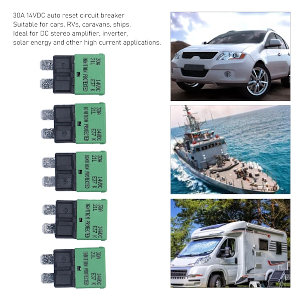 5 kpl Automaattinen Nollaussulake 30A 14V DC ATC/ATO Piirisuojat RV:lle, Caravanille, Veneelle, Stereovahvistimelle