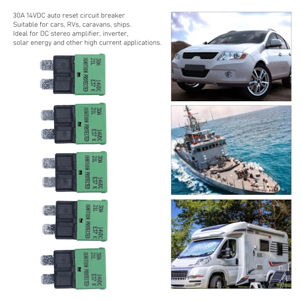 5 stk. Automatisk Nulstilling Sikring 30A 14V DC ATC/ATO Kredsløbsafbrydere til RV Caravan Marine Båd Stereo Forstærker