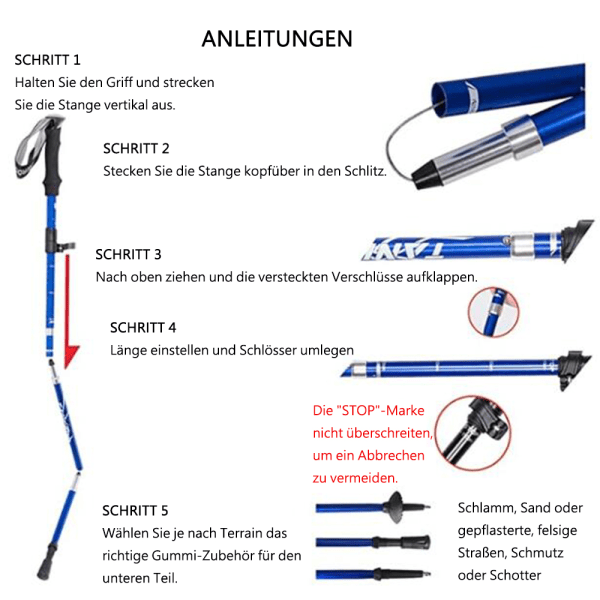 Gåstaver – sammenleggbare. Justerbare, lette, teleskopiske