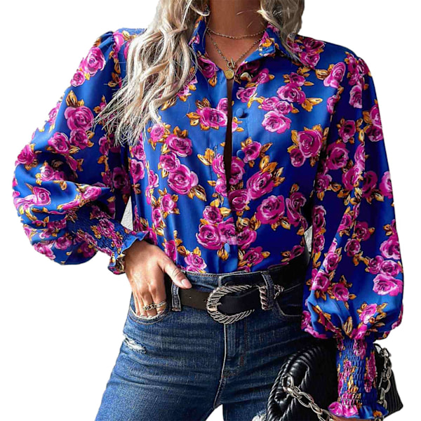 Dam Shirred Tryckt Blus Lykta Ärm Tryckt Skjorta Nedvikt Krage Knappstängning Långärmad Mode Casual Blus Blå L