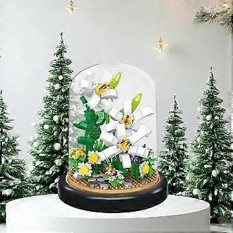 Mini Byggeklods Sæt, Kunstige Blomster, Støvtæt Dome