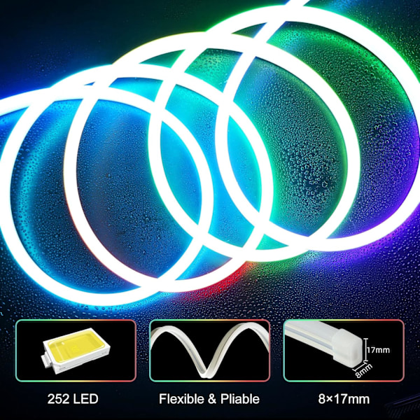 Neon Flex Strip Lights för Inomhus Utomhus, 5M RGB-IC Färgskiftande Regnbåge LED Rep Ljus med 252 LEDs, Vattentät Dekorativ Belysning för Hemmet
