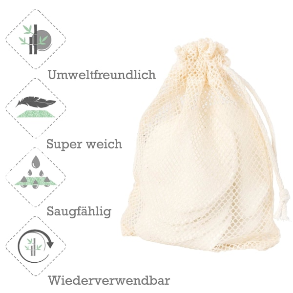 Förpackning med 20 tvättbara sminkkuddar gjorda av bambu tillverkade i EuropaÅteranvändbara bomullsrondeller med bomullstvättväska |Återanvändbara bomullsdynor |tvättbara