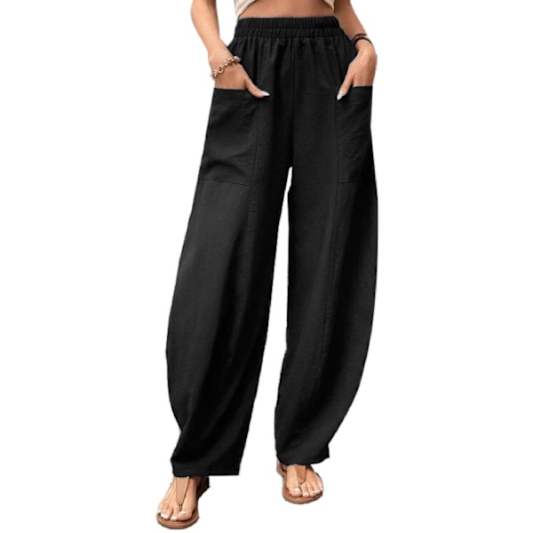 Dame Wide Leg Bukser Elastisk Talje Ren Farve Dame Casual Bukser med Lommer til Daglig Arbejde Shopping Sort XXL