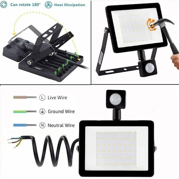 Energibesparande 50W LED-strålkastare med rörelsesensor, anpassningsbara inställningar, gjuten aluminiumkapsling, utomhusarbetslampa, dagsljusvitt vattentät