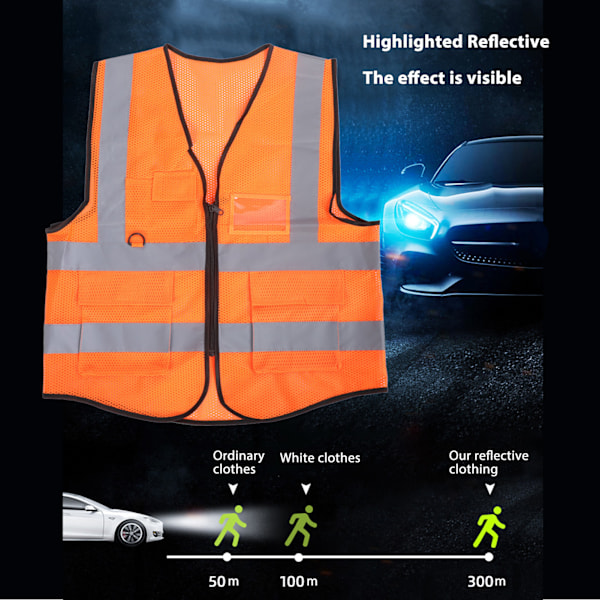 Reflekterande arbetsväst med flera fickor, meshdesign, hög synlighet, ventilerande säkerhetsväst med reflexband