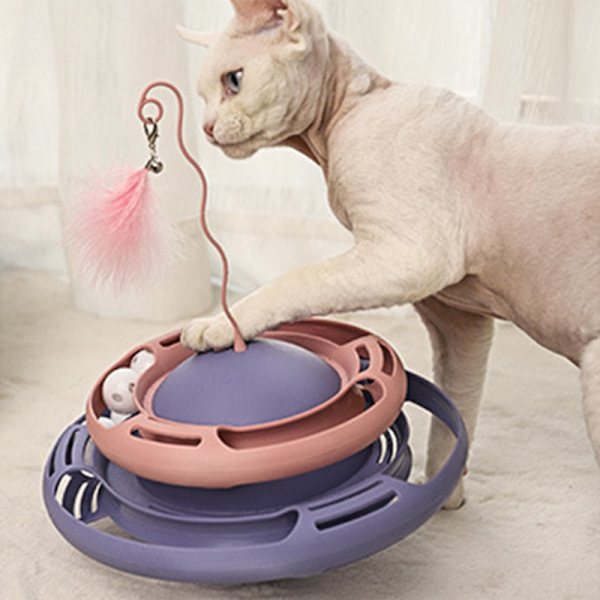 Kattkarusell Leksak Interaktiv Rolig Fjäder Rund Karusell Kattunge Leksaker för Katter Kattungar Rosa Lila