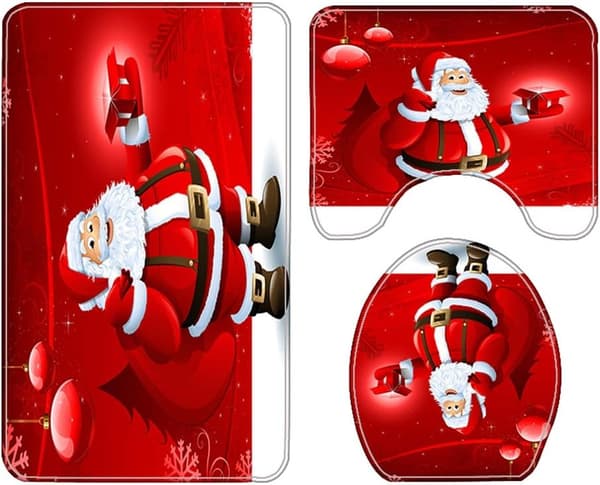 4 st Jul Badrumsdekorationer Set Toalettsitsöverdrag Matta Duschdraperi Set Jul Tomte Älg Snögubbe Badrumsinredning