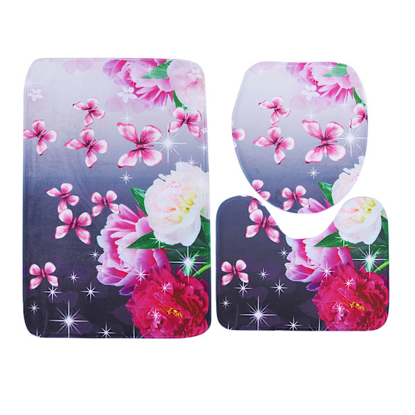 3-pack Färgglada Blommiga Halksäkra Duschmatta, Toalettmatta och Toalettlocksskydd