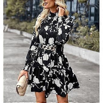 Dam Långärmad Klänning Elastisk Rynkad Klänning Blommig Tryck Volang Mock Neck Midi Klänning