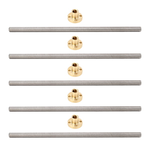 5 stk T8 Trapesgjenge 2mm Stigning 8mm Ledd 200mm Lineær Bevegelse Gjenget Stang med Messingmutter for 3D-skriver