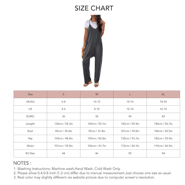Dam Spaghetti Strap Jumpsuit Lös Passform Casual V-ringad Vida Ben Ärmlös Overall med Fickor Mörkgrå S