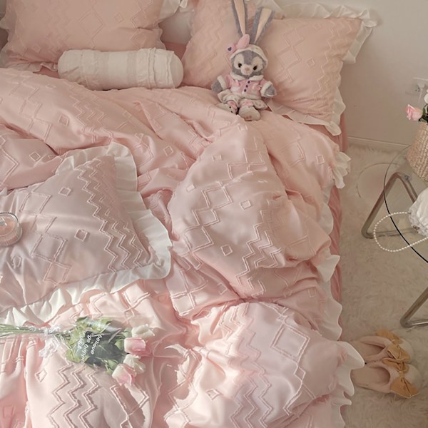 Täcke med Anti-förskjutningsstruktur, Boho Queen Size Säng i en Väska, Lättskött Maskintvättbar Geometrisk Broderi för Flickrum, Elegant, 3 delar