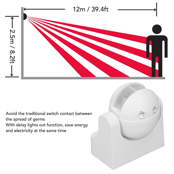 Rörelsesensor Detektorbrytare Vattentät Intelligent Strålningsfri ABS-Hölje Infraröd PIR Rörelsesensor AC110‑240V Vit