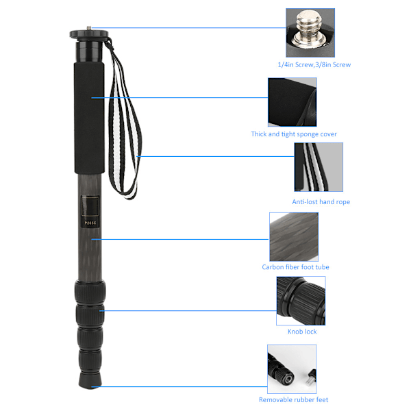 P285C Kolfiber Monopod SLR 5 Sektioner Kompakt Bärbar för Kamera Stativ Kulhuvud