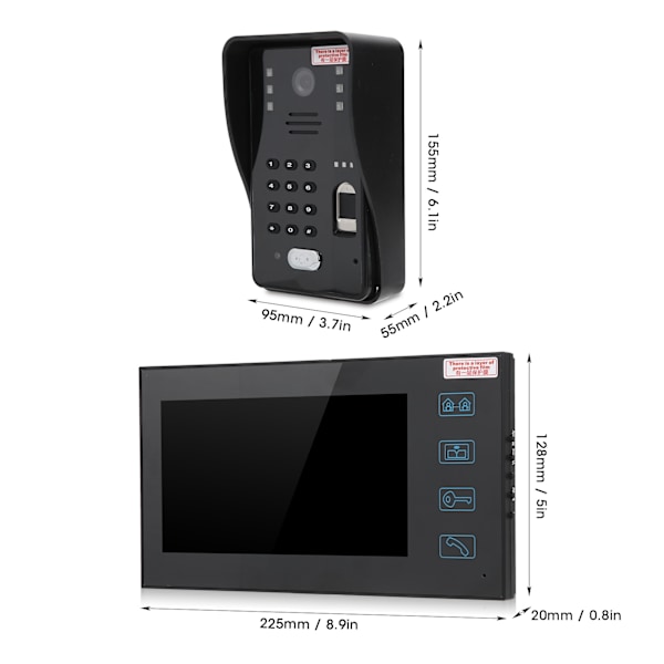 7 tum TFT LCD Videodörrtelefon Fingeravtryckslösenord ID-kort Fjärrsäkerhetsåtkomstkontroll 100-240VUS-kontakt