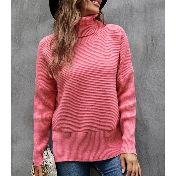 Dam Hög Krage Tröja Långärmad Sidoslits Enfärgad Dam Pullover Stickad Tröja för Höst Vinter Vår Rosröd M