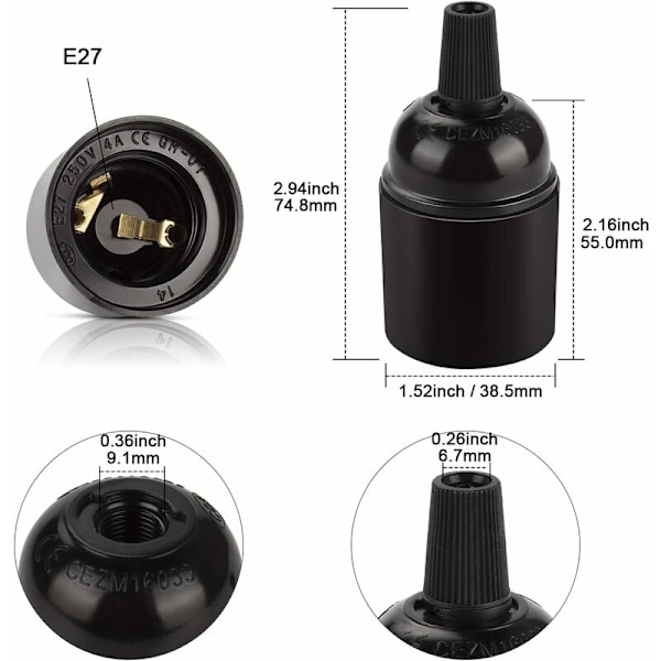 Lätt att koppla E26 E27 lamphållare, Svarta retro pendellampfästen, Bakelit mediumsockel för DIY-projekt (Set om 6)
