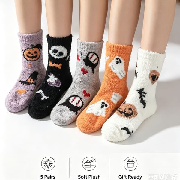 5 par fluffy Halloween-sokker til kvinder med festlige designs af græskar, spøgelser og hekse