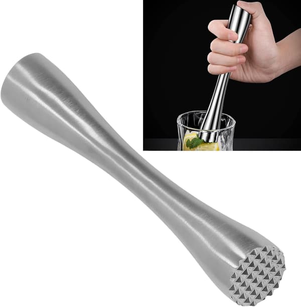 Mixology Mastery: Rustfritt, rustsikkert muddler i stål, ripefritt nylonhode for delikat glass, kraftig Lewis-pose sikrer perfekt is