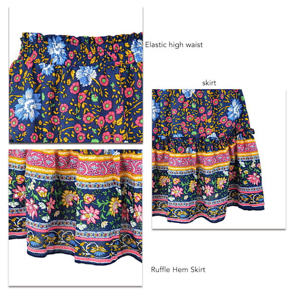 Kvinners Ruffled Hem Skjørt Blomstertrykt Elastisk Etnisk Kort Skjørt For Sommer Vår Høst Marineblå M