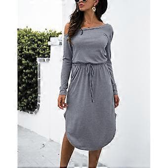 Damekjole Polyester Polyuretanfiber Ensfarget Off Shoulder Langermet Elastisk Hel Kjole for Høst Vinter