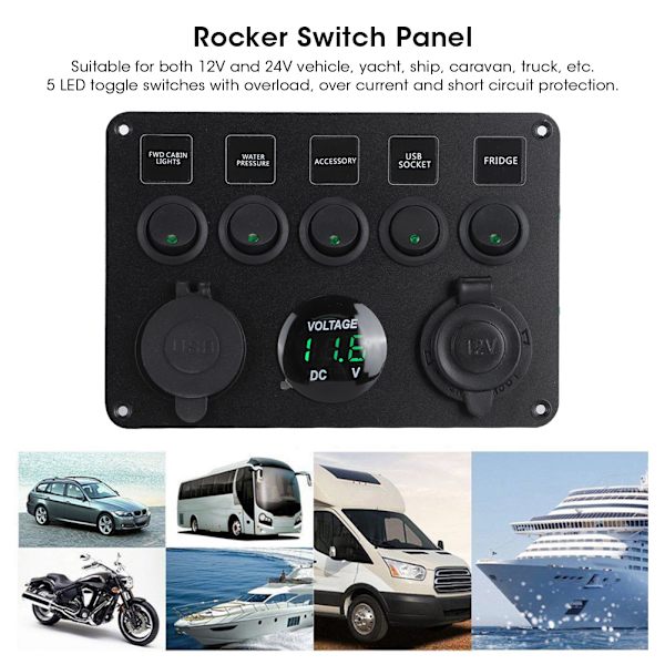 5 Gang LED Toggle Switch Panel med Digital Voltmeter Universal til RV Bil Motorbåd Grøn