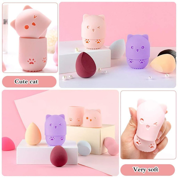 Makeup Svampeholder, 2 stk. Makeup Blender Svampe Etui, Sød Kat