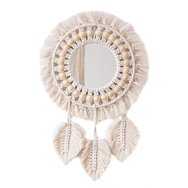 Utsökt bohemisk folklig heminredning, vintage design macrame cirkelspegel, perfekt present för miljövänliga dekorationsentusiaster, handvävd i rustik stil