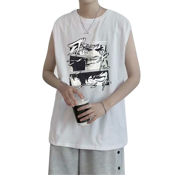 Herrar Tank Top Snygg Tryckt Ärmlös Lös Passform Väst Skuren Skjorta för Hemmaträning Vit XL
