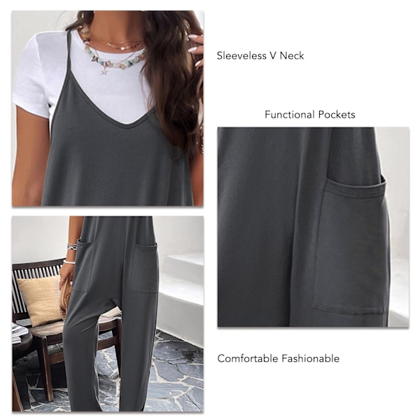 Dam Spaghetti Strap Jumpsuit Lös Passform Casual V-ringad Vida Ben Ärmlös Overall med Fickor Mörkgrå S