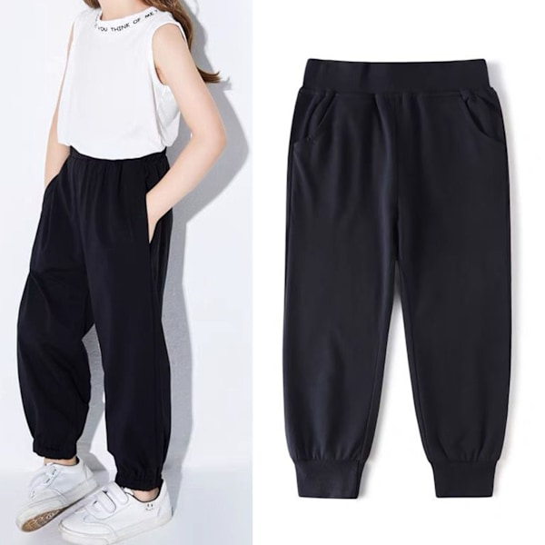Barn Joggingbyxor Elastisk Midja Andningsbara Trendiga Avsmalnande Bomullsbyxor för 120cm till 130cm Pojkar Flickor Svart
