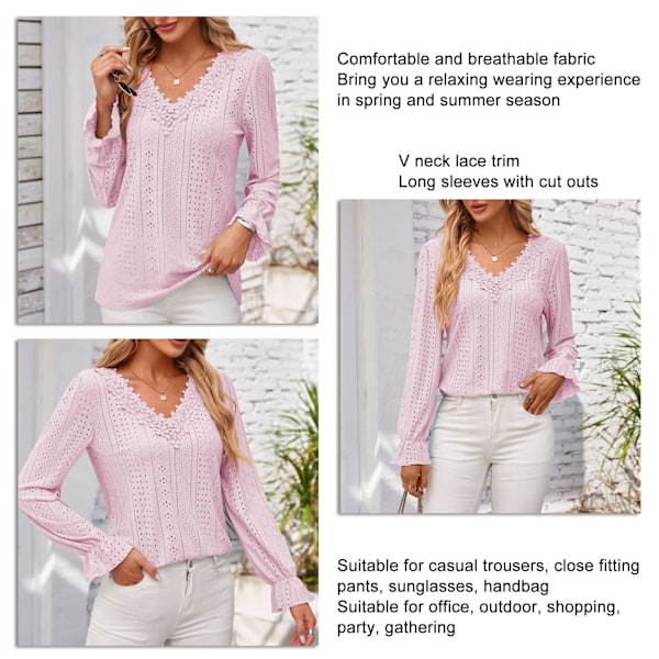 Spets V-ringning Blus Casual Figursydd Enfärgad Ihålig V-ringning Spets Långärmad Blus för Kvinnor Rosa M
