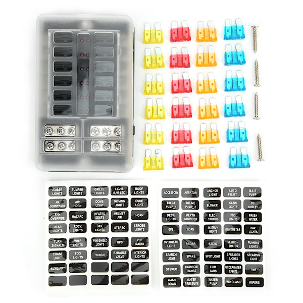 12-vägs Säkringsbox Bil Båt Vattentät Säkringshållare Block M5 Stud med LED-indikator 12V‑32V