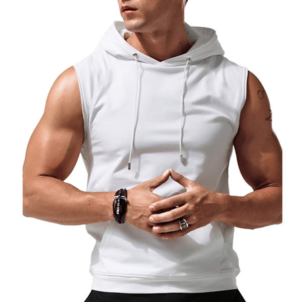 Mænds Hættetrøje Tanktop Med Snøreforan Lomme Ren Farve Sportsærmeløs Løbeskjorte Hvid XL