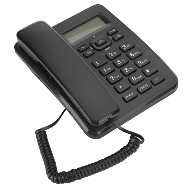 Kablet stasjonær veggtelefon, fasttelefon med nummerpresentasjon, nummer- og tidsvisning, samt ventefunksjon, kompakt design for
