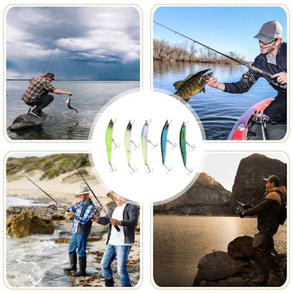 5 kpl Minnow-uistin, kelluva keinotekoinen kovamuoviainen viehe, pitkän heiton uistin, kalastusviehe, wobbler